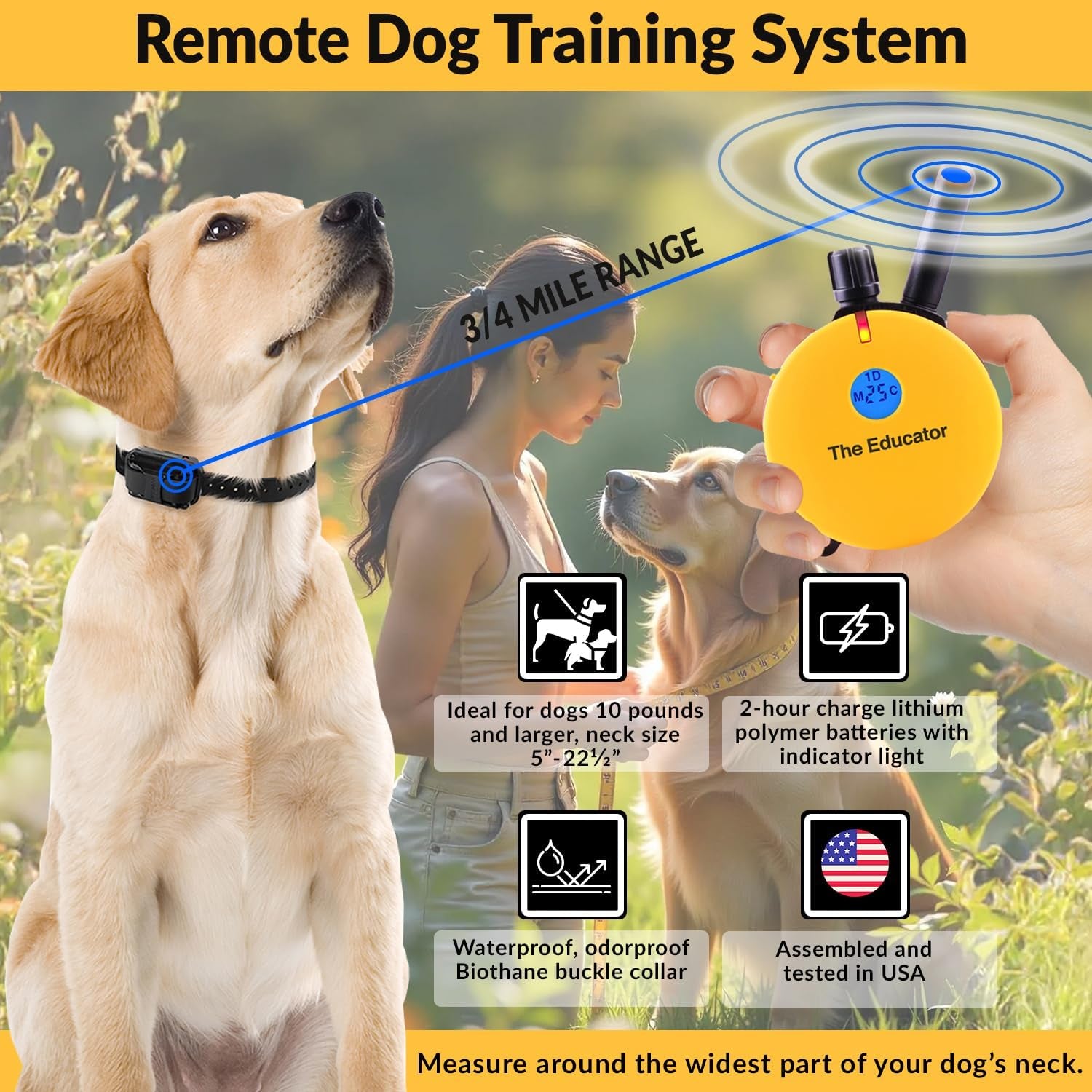 E-Collar Humane Dog Training Collar with Remote, 100 Safe Tapping Stimulation Levels, Night Light, Waterproof, Rechargeable, 3/4 Mile 2 Small-Medium Dogs, Yellow