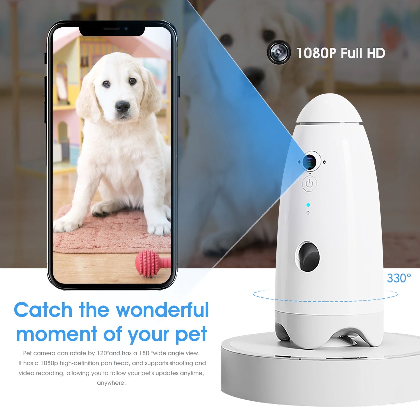 Smart 1080p Small Dog Camera with Treat Dispenser 180°View Pet Treat Tossing Dog Camera with Phone App 2 Way Audio Android & iOS