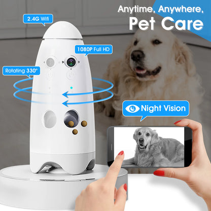 Smart 1080p Small Dog Camera with Treat Dispenser 180°View Pet Treat Tossing Dog Camera with Phone App 2 Way Audio Android & iOS